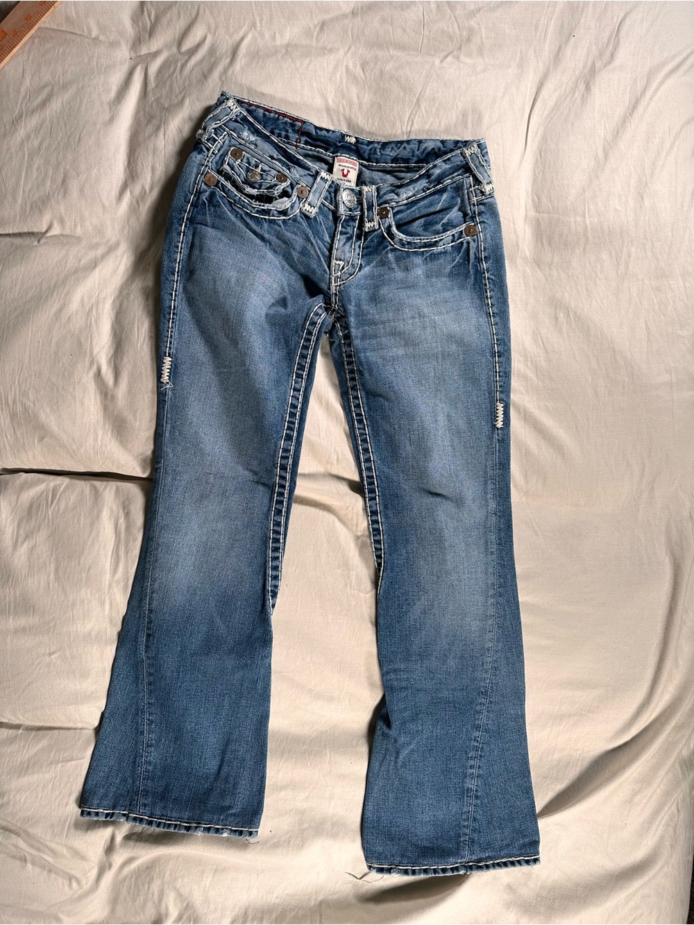 True Religion Jeans Womens 27 Joey Big T Flare Distressed Y2K Thick Stitches